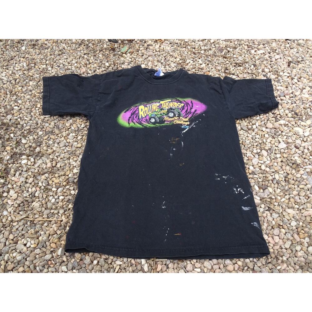 Vtg Y2K Rolling Thunder Monster Truck T Shirt Sz S Distressed Paint Stains Faded